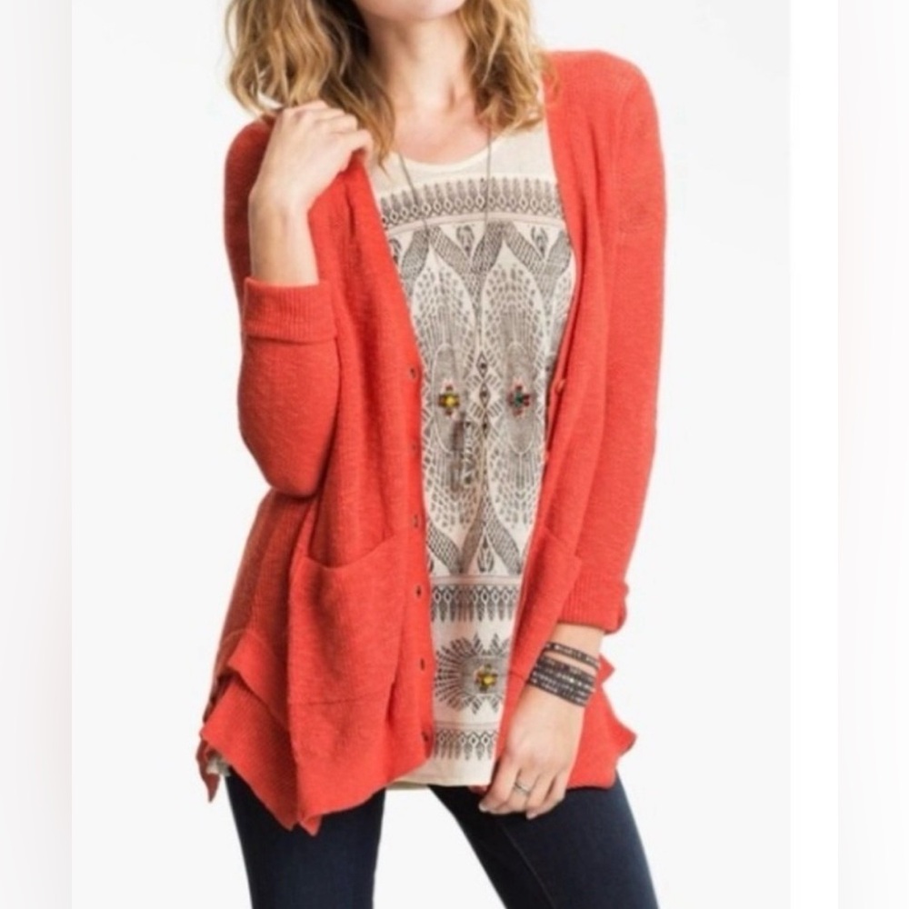 Free People orange button front cardigan, small